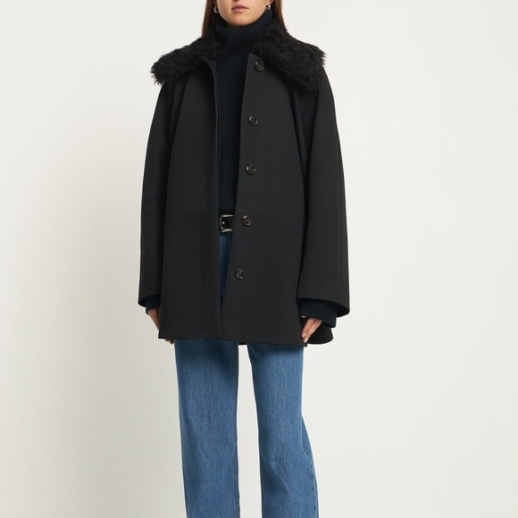 TOTEME Shearling Collar Gabardine Jacket in Black Size 36 / US 4 - Picture 5 of 9